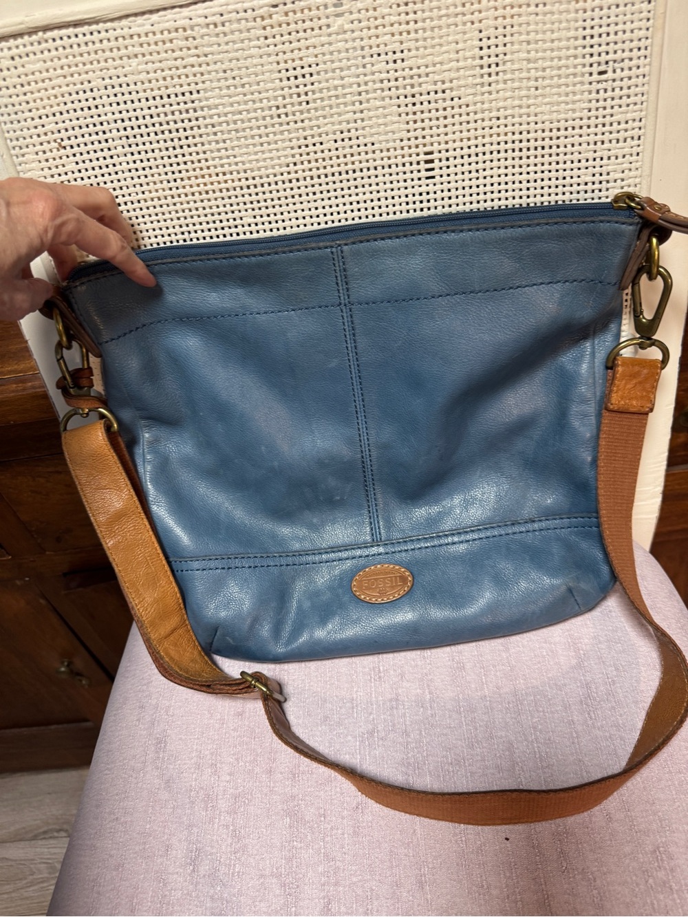 Fossil Blue Leather Shoulder Bag with Brown Strap
